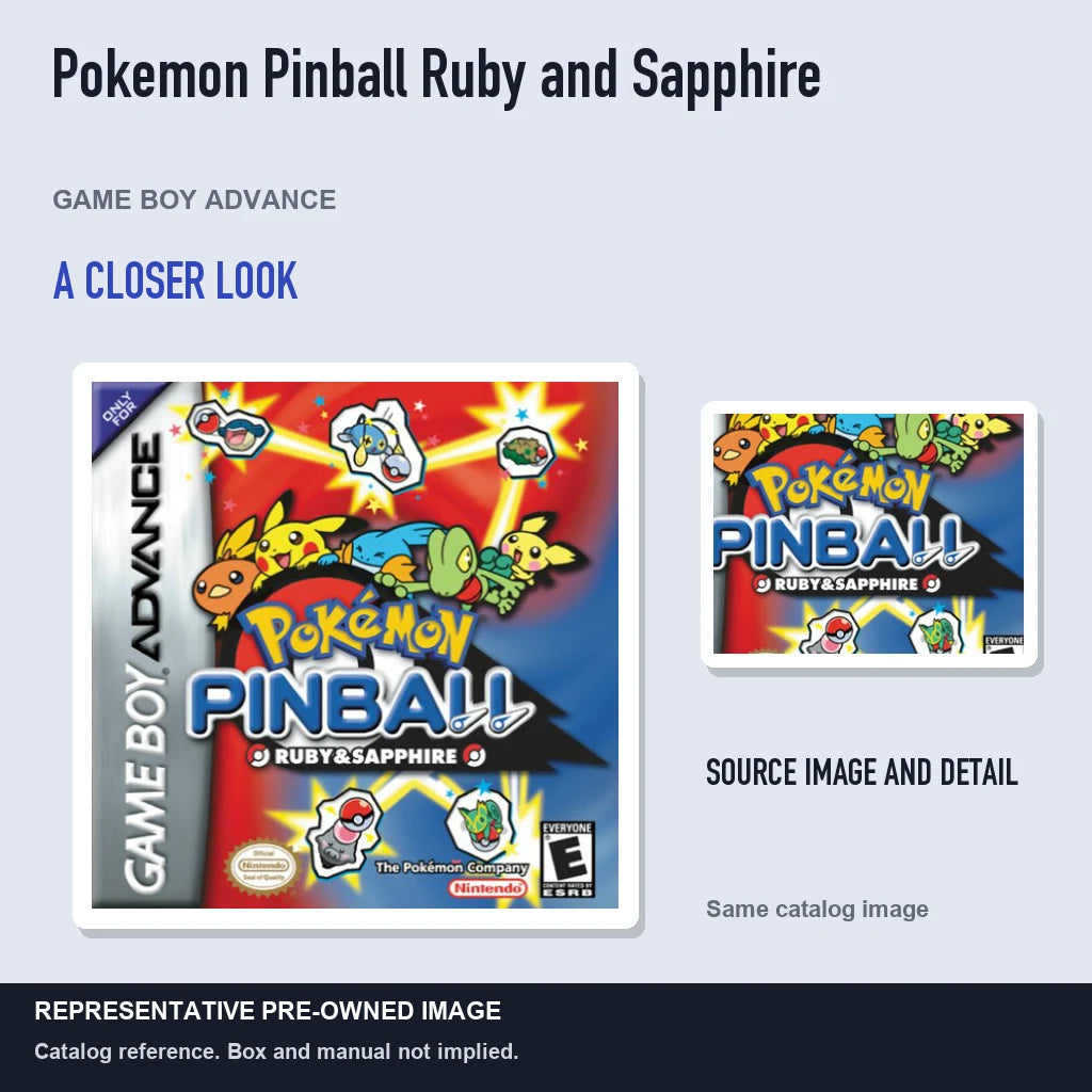Representative pre-owned Pokemon Pinball Ruby and Sapphire (Game Boy Advance), full image with detail inset.