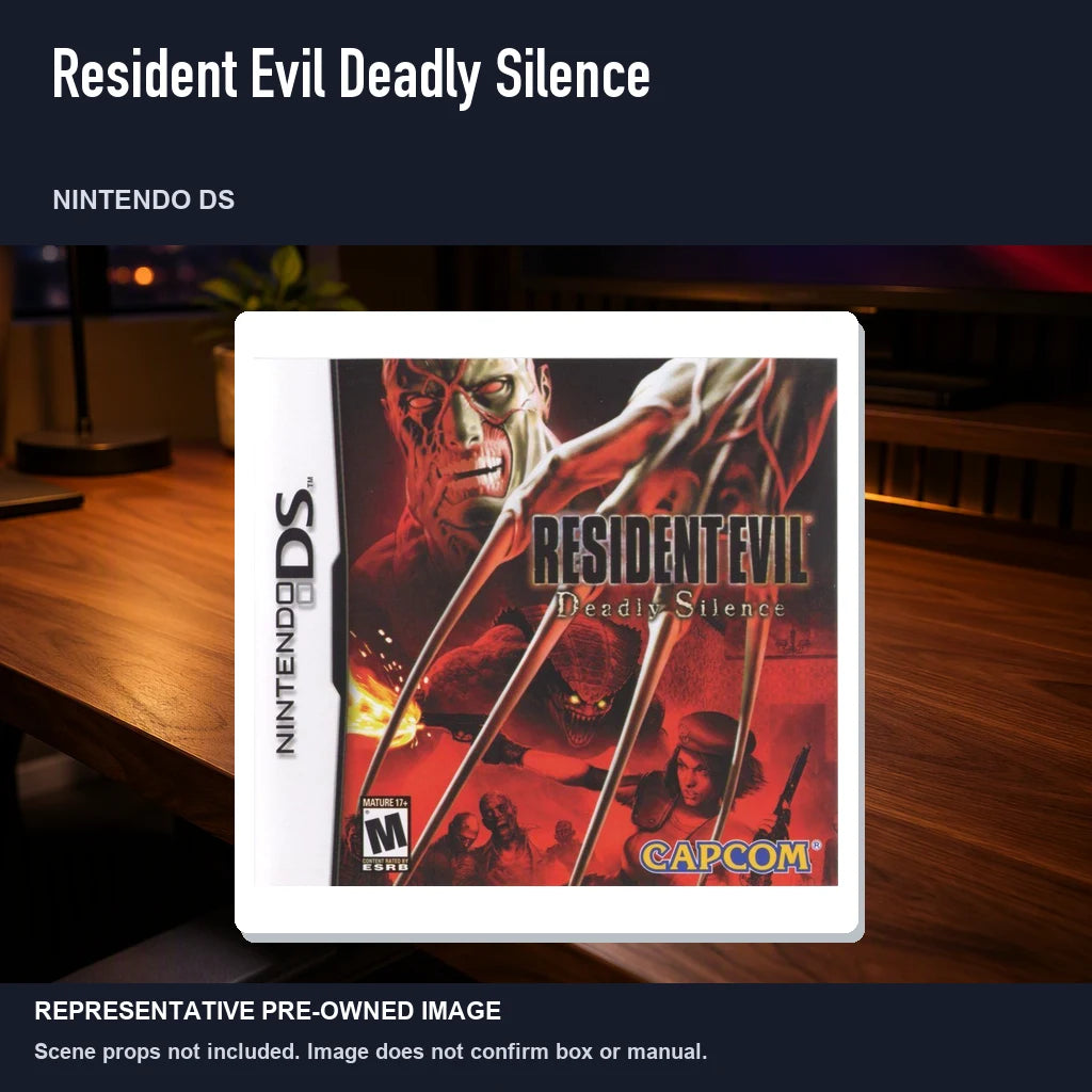 Representative pre-owned Resident Evil Deadly Silence (Nintendo DS), product image in a styled desk scene.