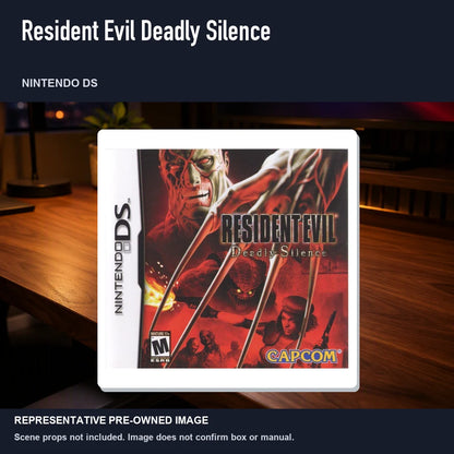 Representative pre-owned Resident Evil Deadly Silence (Nintendo DS), product image in a styled desk scene.