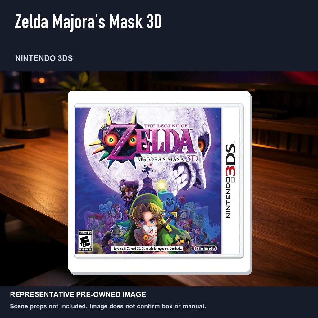 Representative pre-owned Zelda Majora's Mask 3D (Nintendo 3DS), product image in a styled desk scene.
