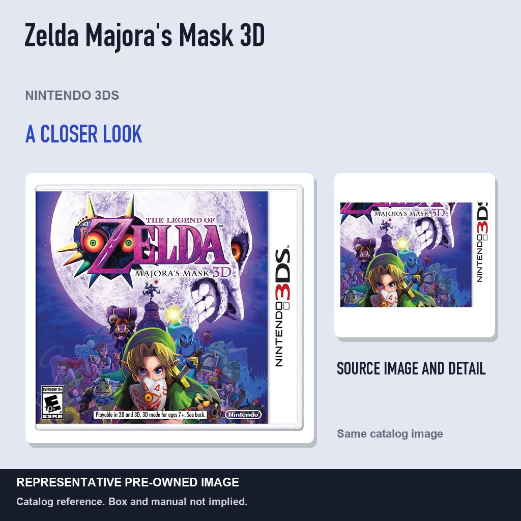 Representative pre-owned Zelda Majora's Mask 3D (Nintendo 3DS), full image with detail inset.