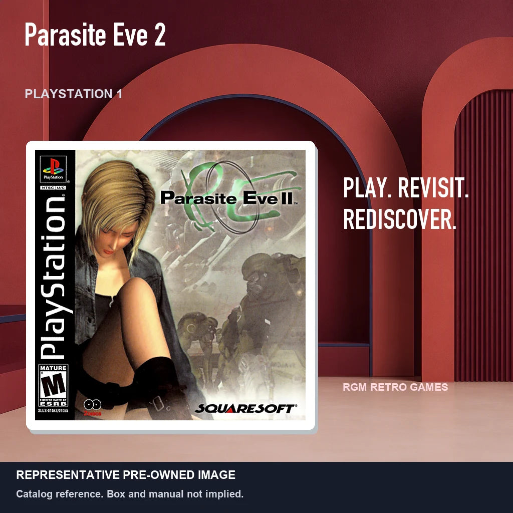 Representative pre-owned Parasite Eve 2 (PlayStation 1), red retro product layout.