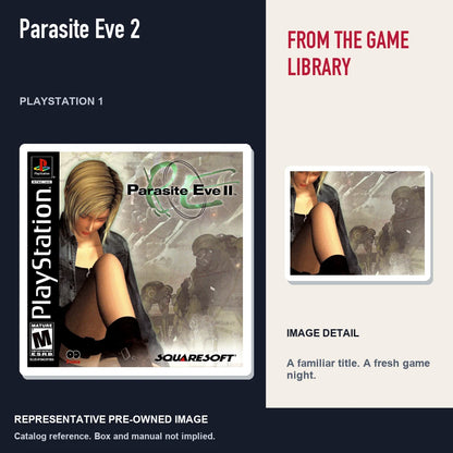Representative pre-owned Parasite Eve 2 (PlayStation 1), editorial image and detail.