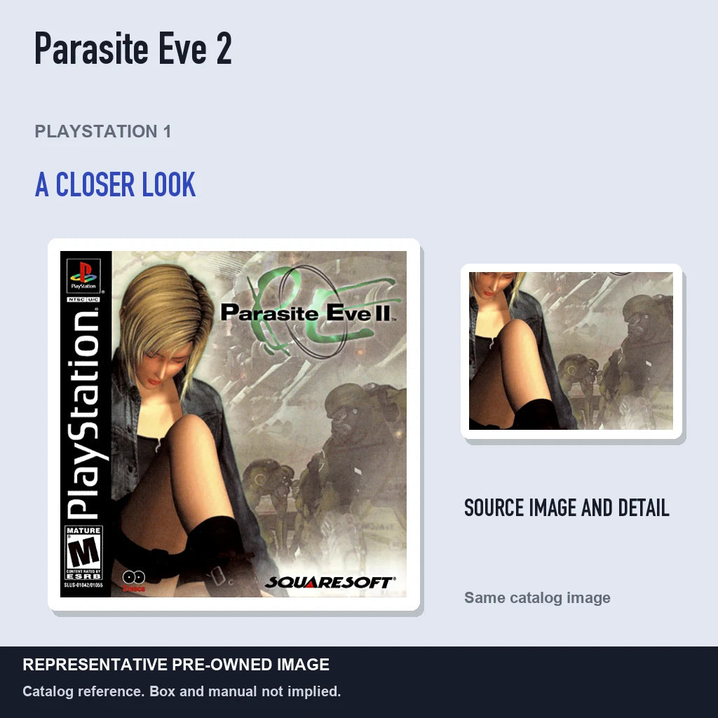 Representative pre-owned Parasite Eve 2 (PlayStation 1), full image with detail inset.