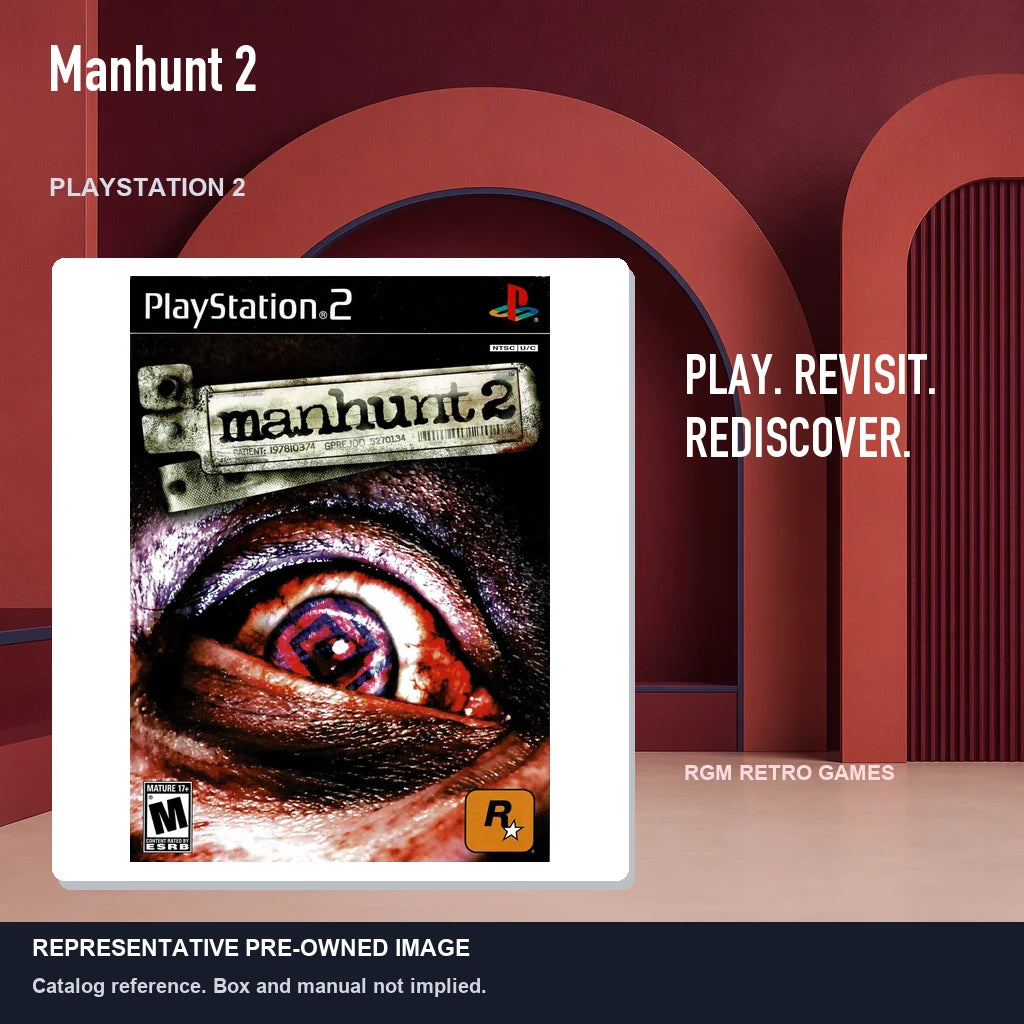 Representative pre-owned Manhunt 2 (PlayStation 2), red retro product layout.