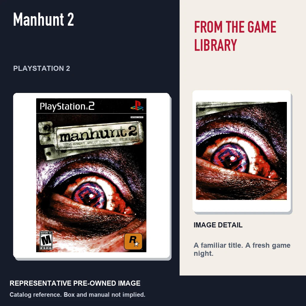 Representative pre-owned Manhunt 2 (PlayStation 2), editorial image and detail.