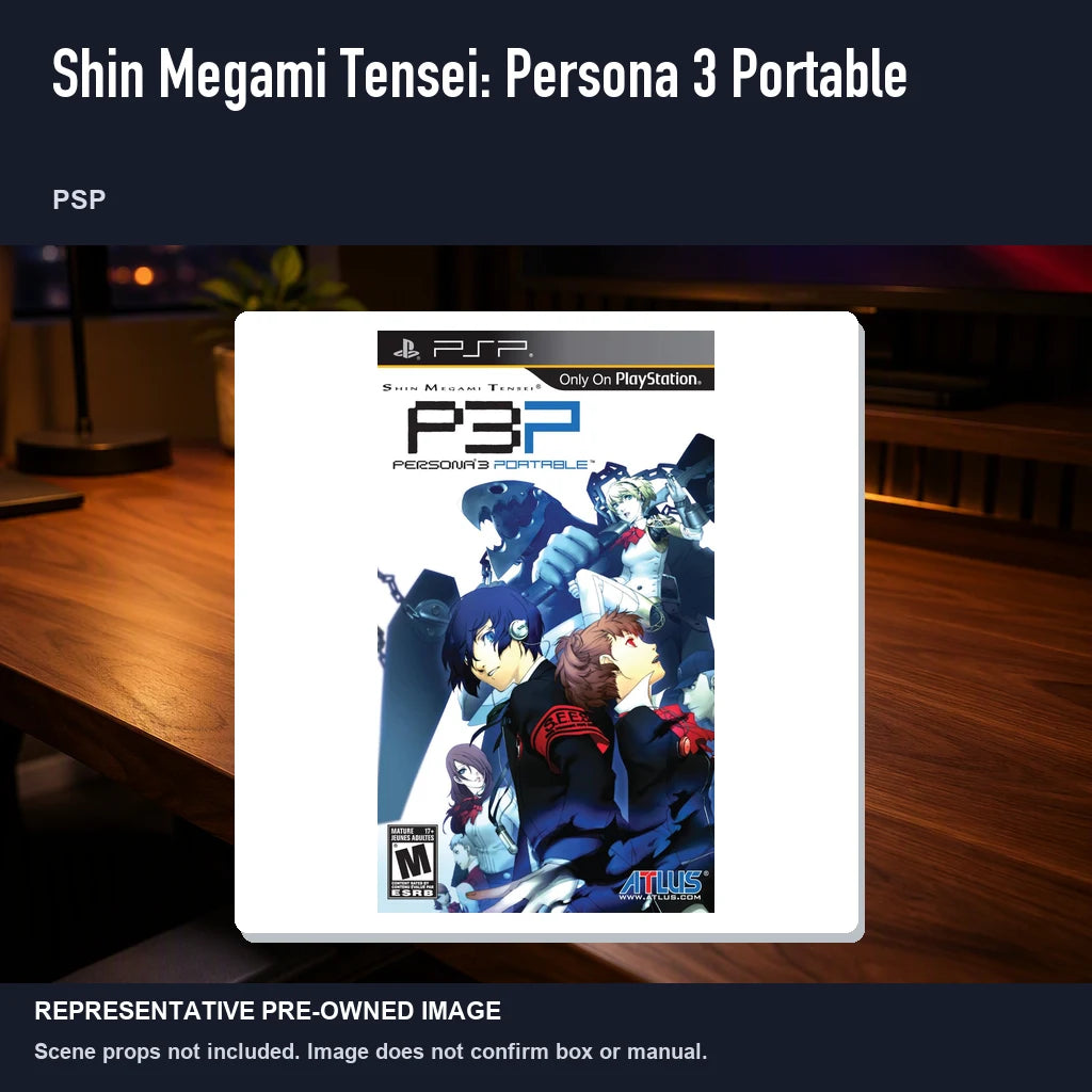 Representative pre-owned Shin Megami Tensei: Persona 3 Portable (PSP), product image in a styled desk scene.
