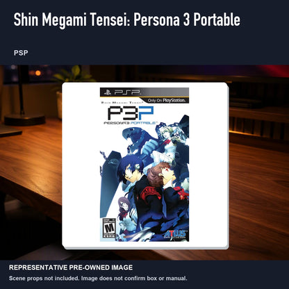 Representative pre-owned Shin Megami Tensei: Persona 3 Portable (PSP), product image in a styled desk scene.
