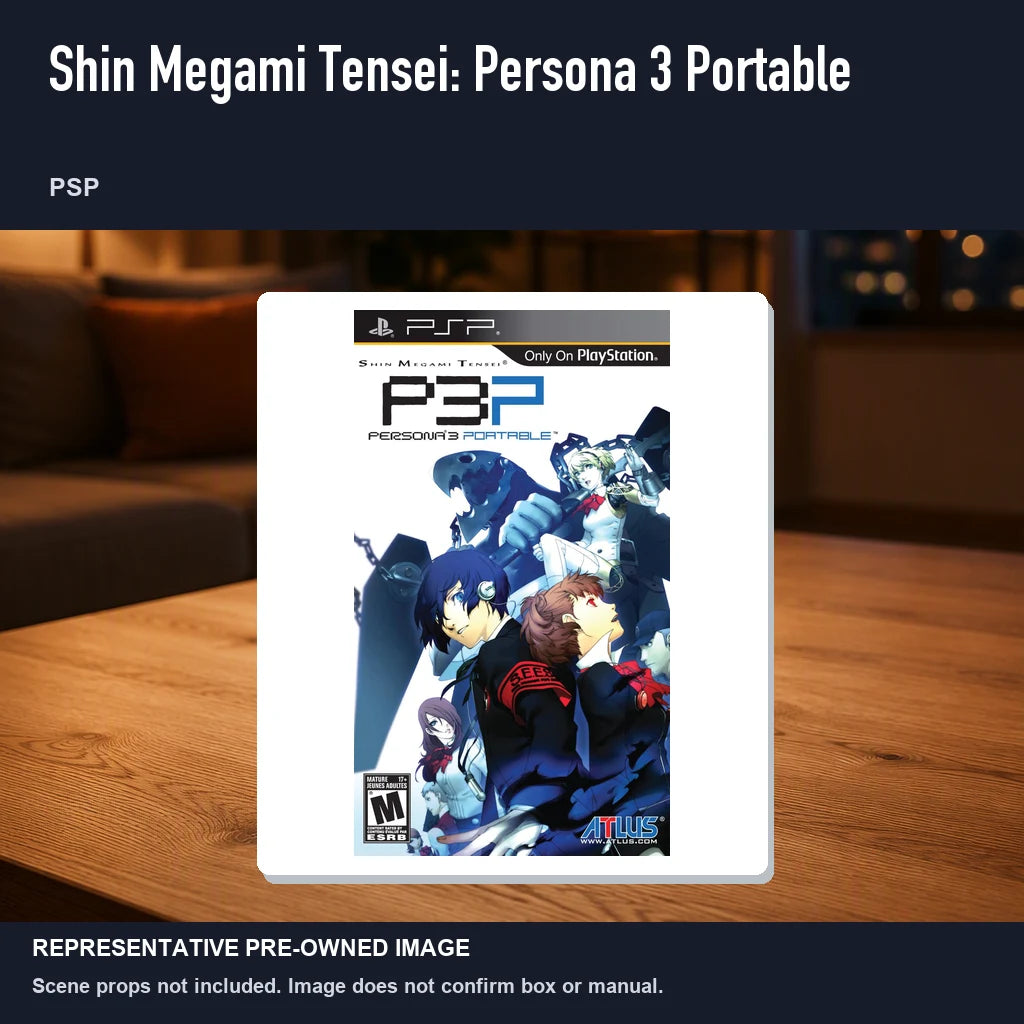 Representative pre-owned Shin Megami Tensei: Persona 3 Portable (PSP), product image in a styled room scene.