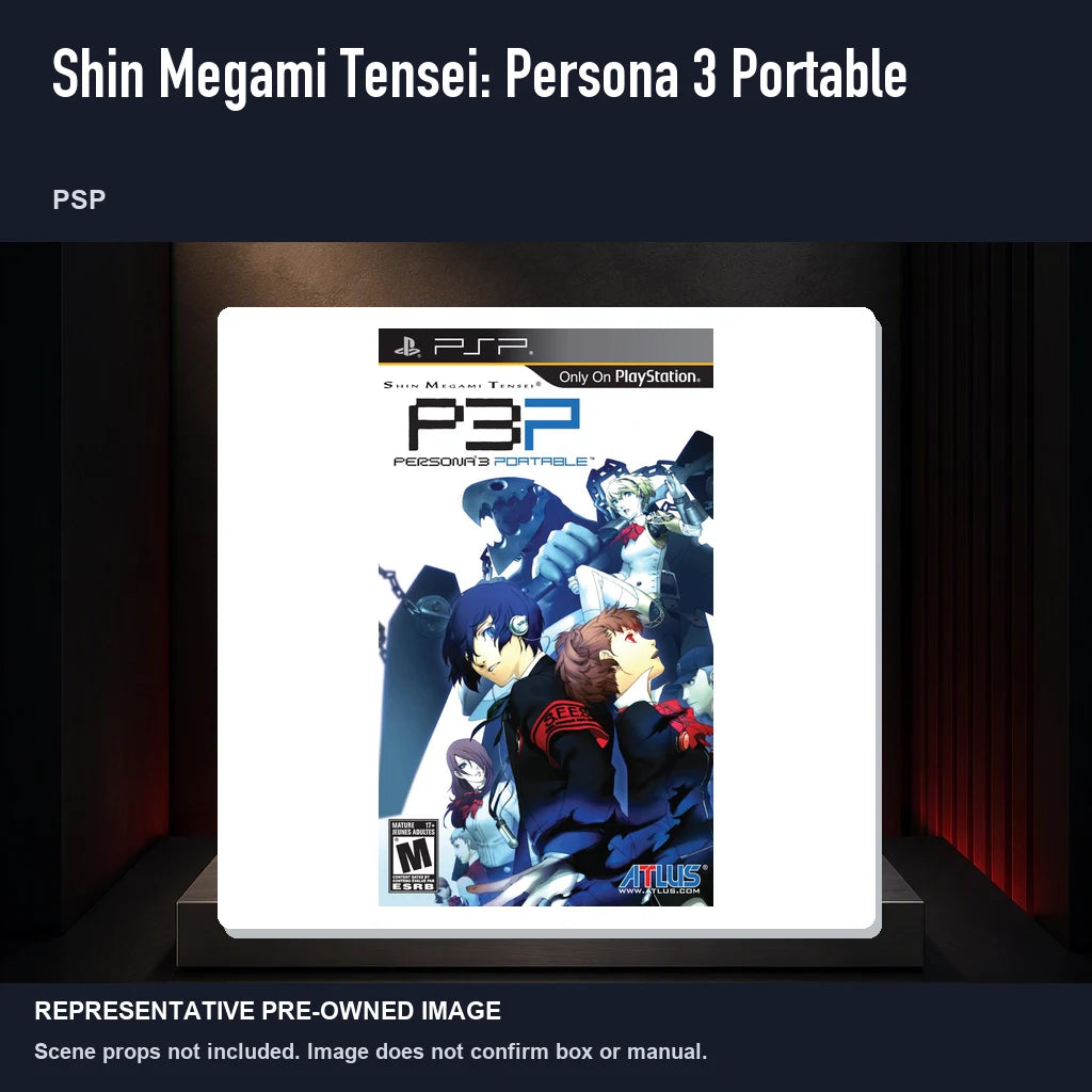 Representative pre-owned Shin Megami Tensei: Persona 3 Portable (PSP), product image on a display panel.