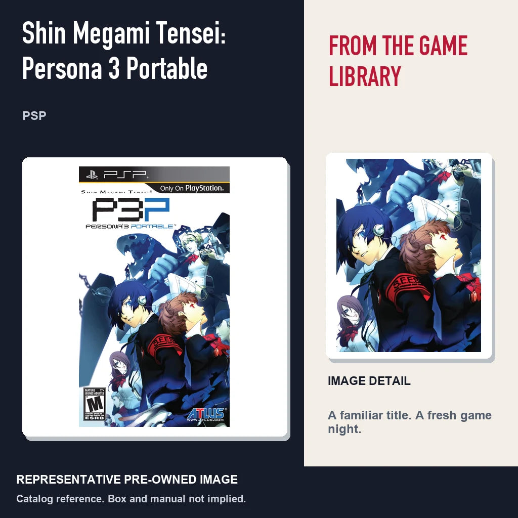 Representative pre-owned Shin Megami Tensei: Persona 3 Portable (PSP), editorial image and detail.