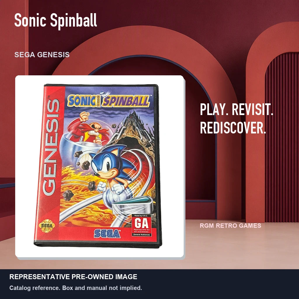 Representative pre-owned Sonic Spinball (Sega Genesis), red retro product layout.