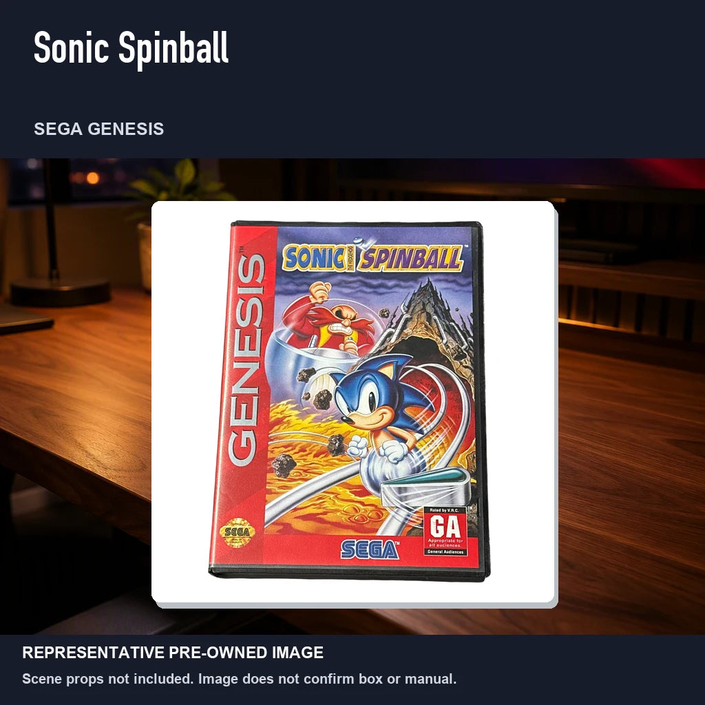 Representative pre-owned Sonic Spinball (Sega Genesis), product image in a styled desk scene.