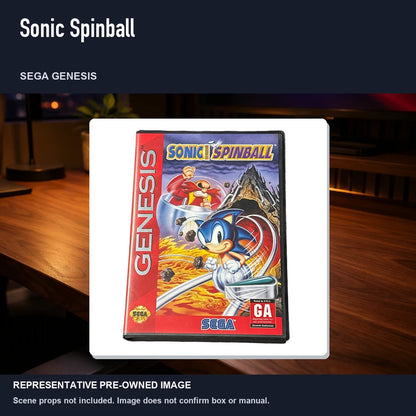 Representative pre-owned Sonic Spinball (Sega Genesis), product image in a styled desk scene.