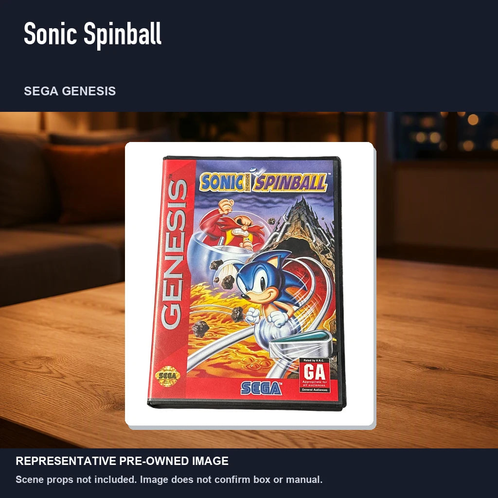 Representative pre-owned Sonic Spinball (Sega Genesis), product image in a styled room scene.