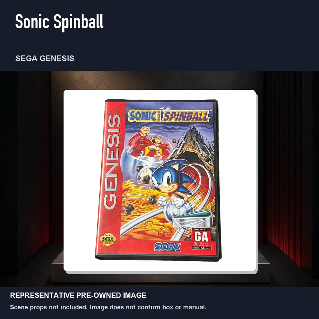 Representative pre-owned Sonic Spinball (Sega Genesis), product image on a display panel.