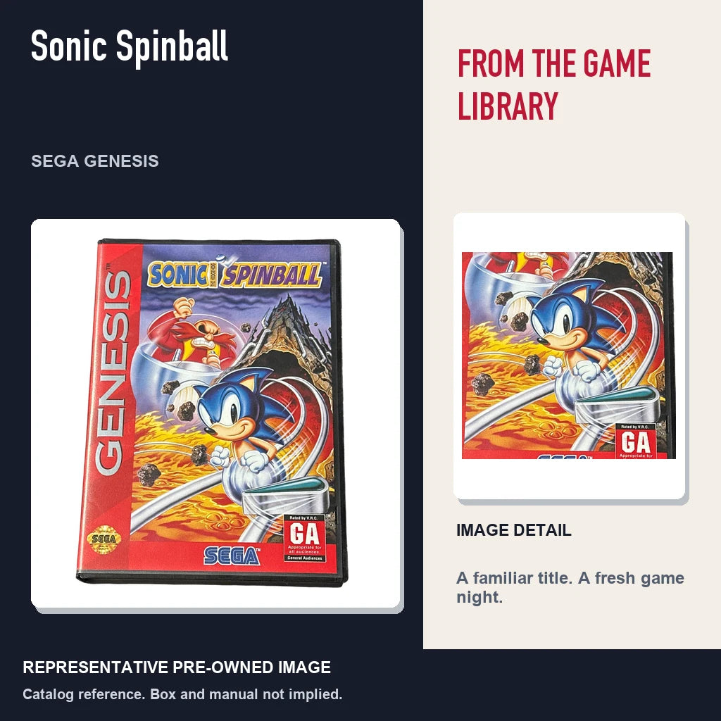 Representative pre-owned Sonic Spinball (Sega Genesis), editorial image and detail.
