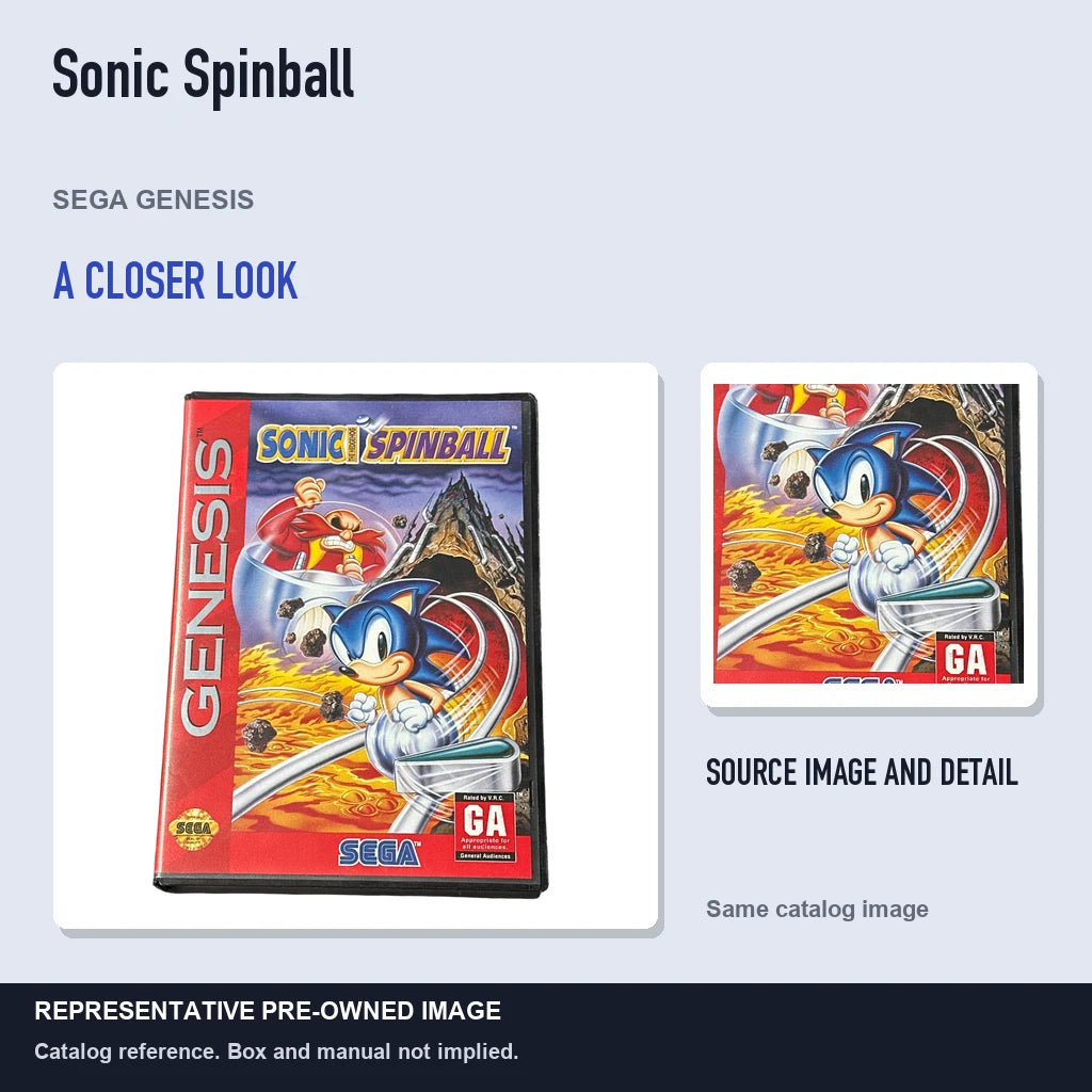 Representative pre-owned Sonic Spinball (Sega Genesis), full image with detail inset.