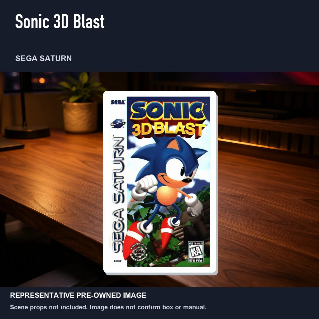 Representative pre-owned Sonic 3D Blast (Sega Saturn), product image in a styled desk scene.