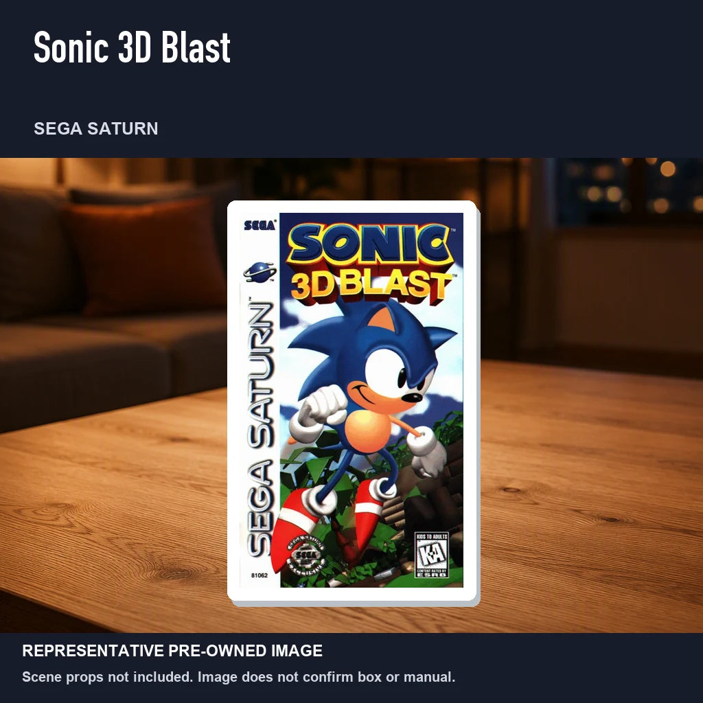 Representative pre-owned Sonic 3D Blast (Sega Saturn), product image in a styled room scene.