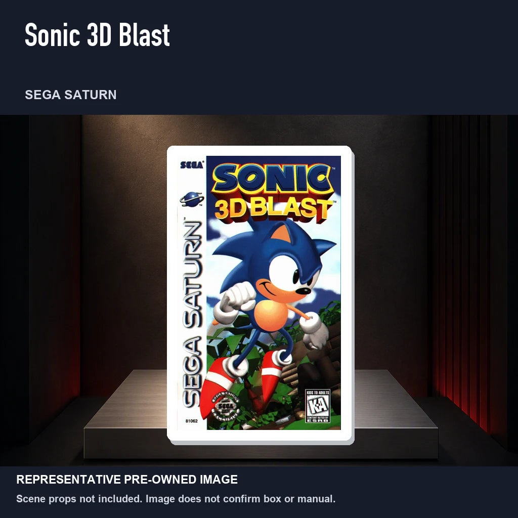 Representative pre-owned Sonic 3D Blast (Sega Saturn), product image on a display panel.