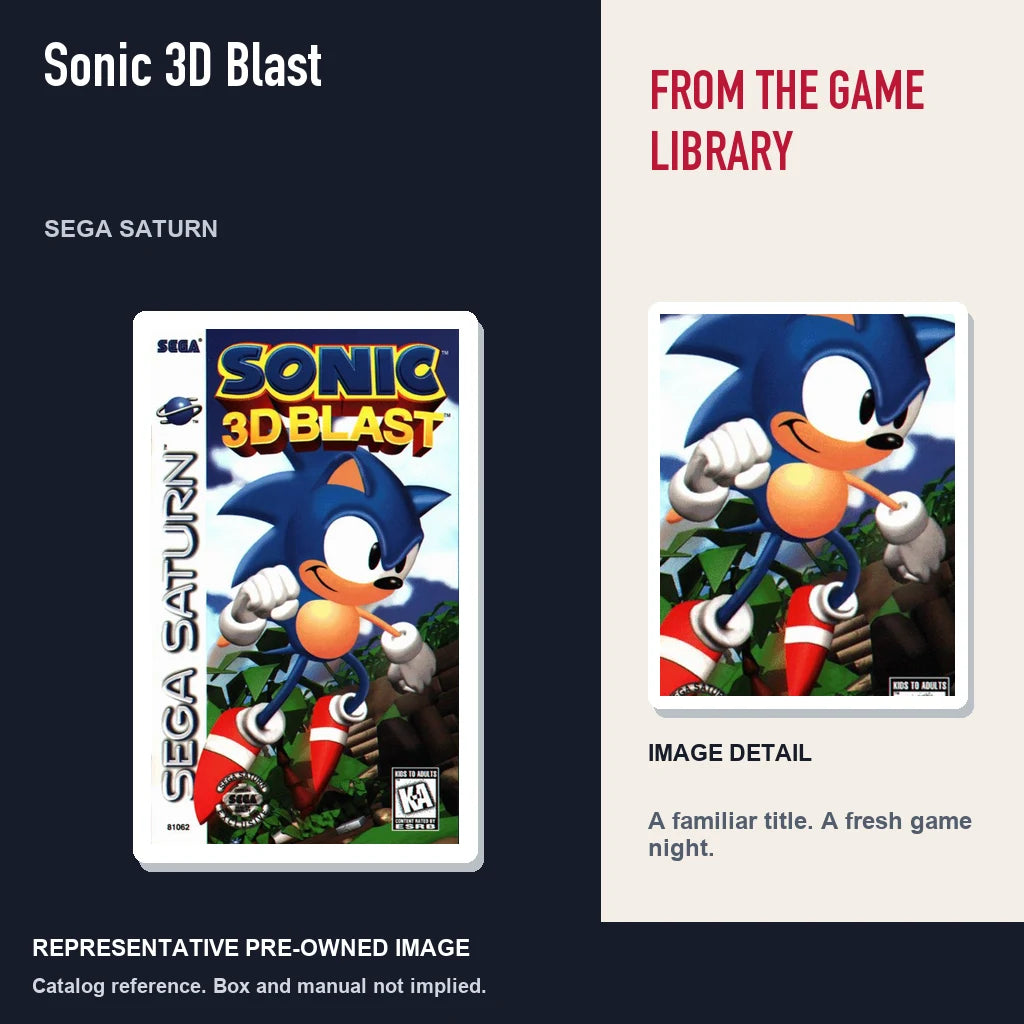 Representative pre-owned Sonic 3D Blast (Sega Saturn), editorial image and detail.