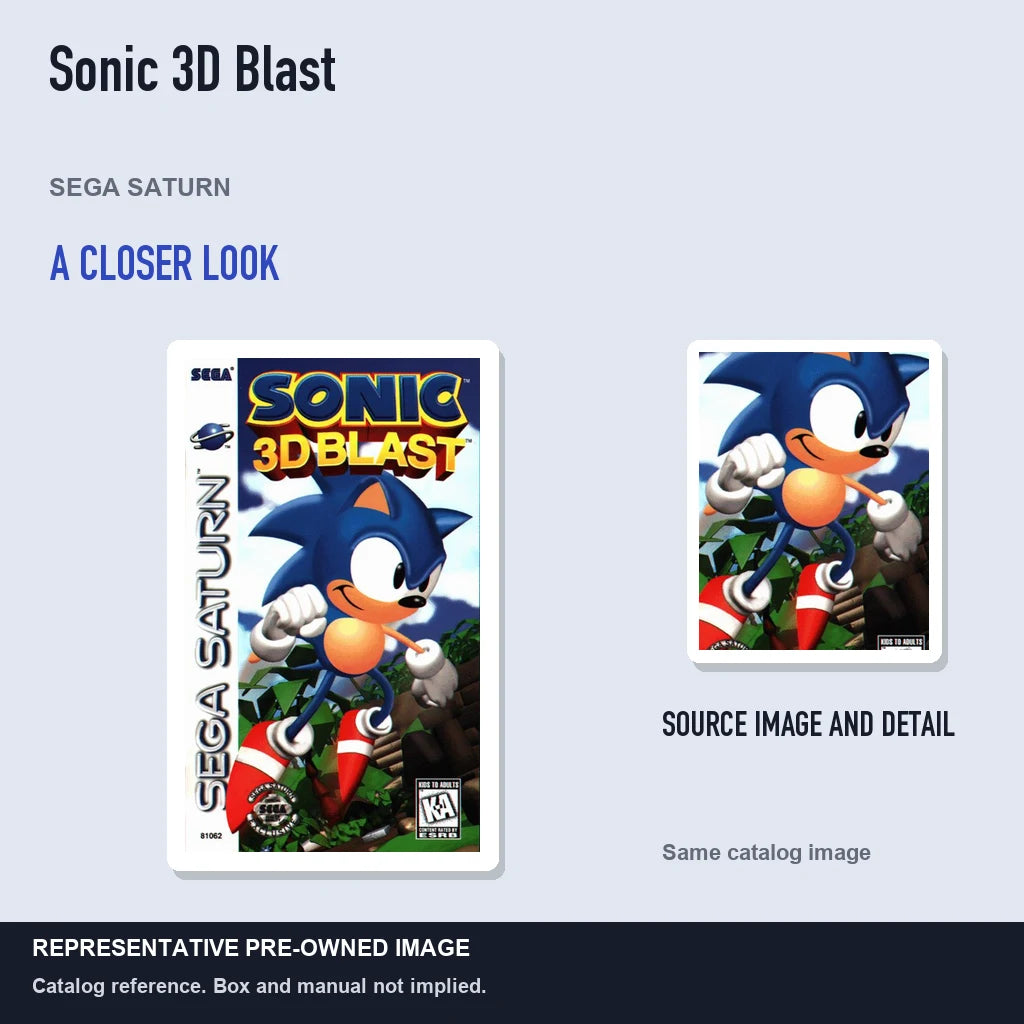 Representative pre-owned Sonic 3D Blast (Sega Saturn), full image with detail inset.