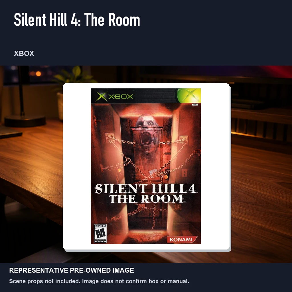 Representative pre-owned Silent Hill 4: The Room (Xbox), product image in a styled desk scene.