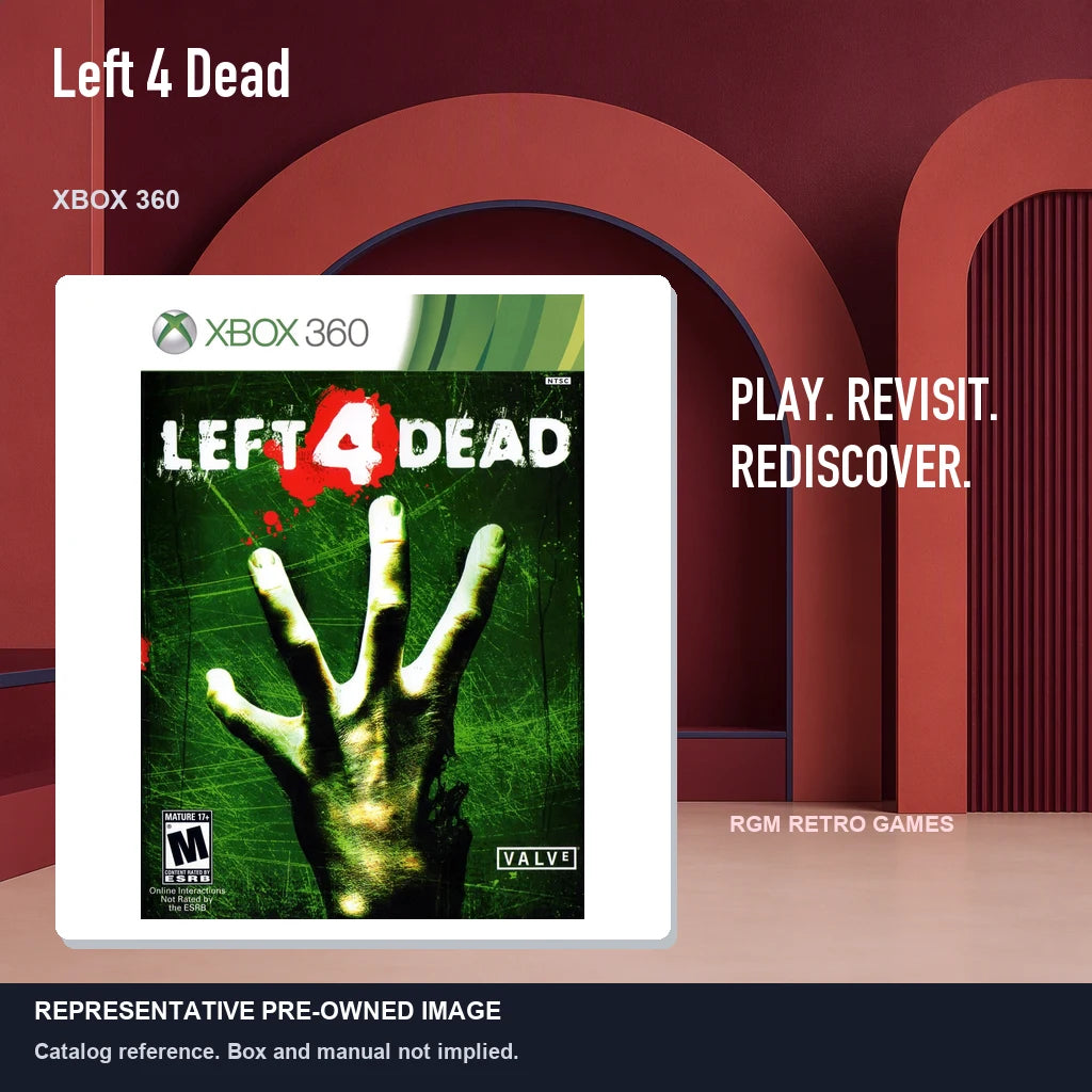 Representative pre-owned Left 4 Dead (Xbox 360), red retro product layout.