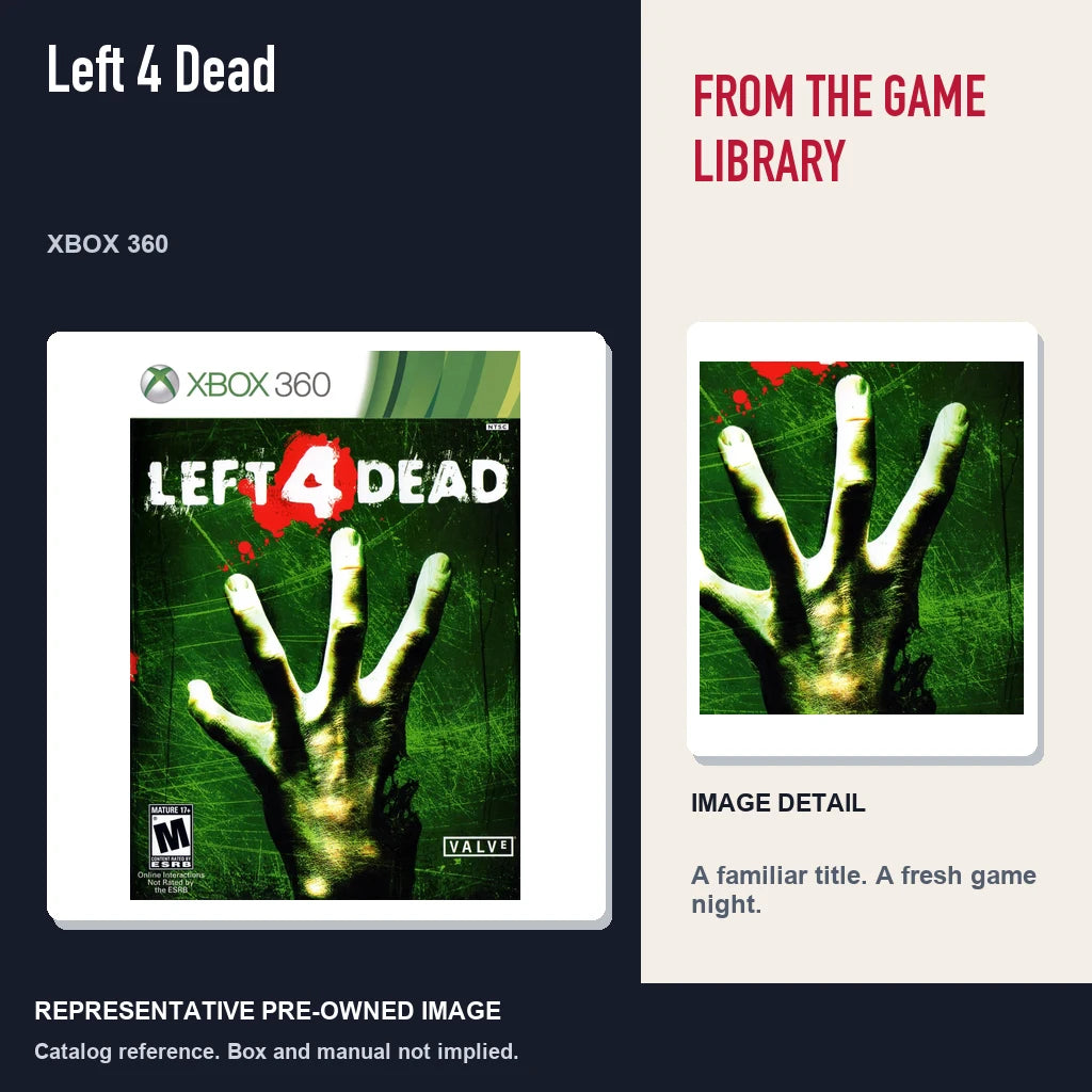 Representative pre-owned Left 4 Dead (Xbox 360), editorial image and detail.