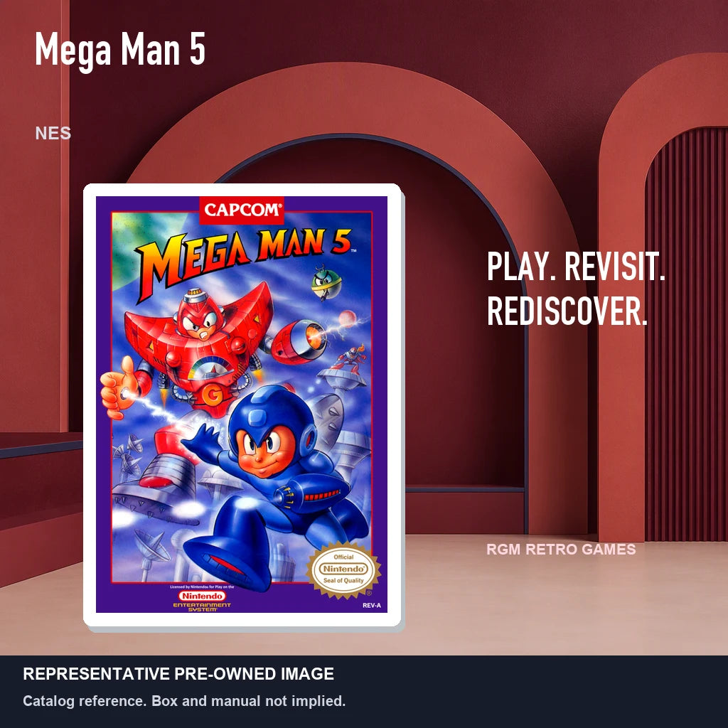 Representative pre-owned Mega Man 5 (NES), red retro product layout.