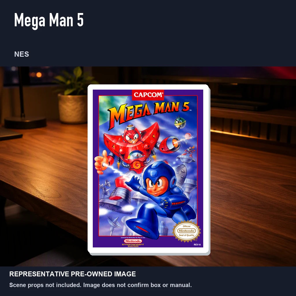 Representative pre-owned Mega Man 5 (NES), product image in a styled desk scene.