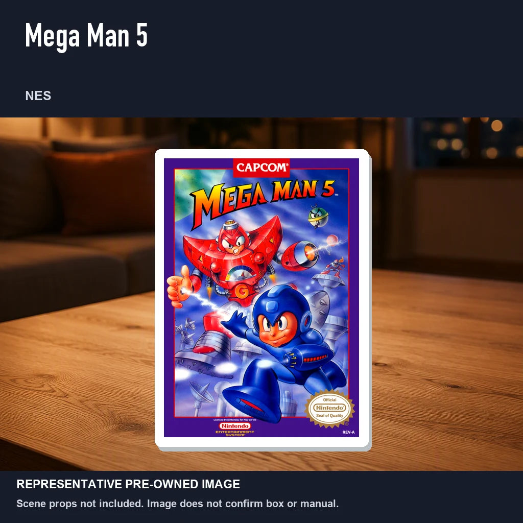 Representative pre-owned Mega Man 5 (NES), product image in a styled room scene.