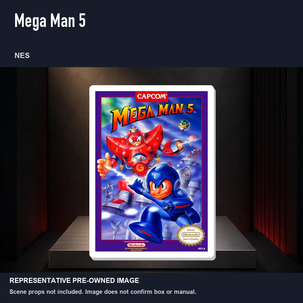 Representative pre-owned Mega Man 5 (NES), product image on a display panel.