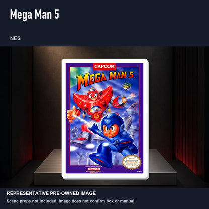 Representative pre-owned Mega Man 5 (NES), product image on a display panel.