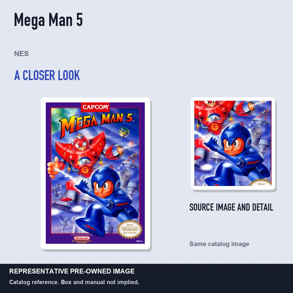 Representative pre-owned Mega Man 5 (NES), full image with detail inset.