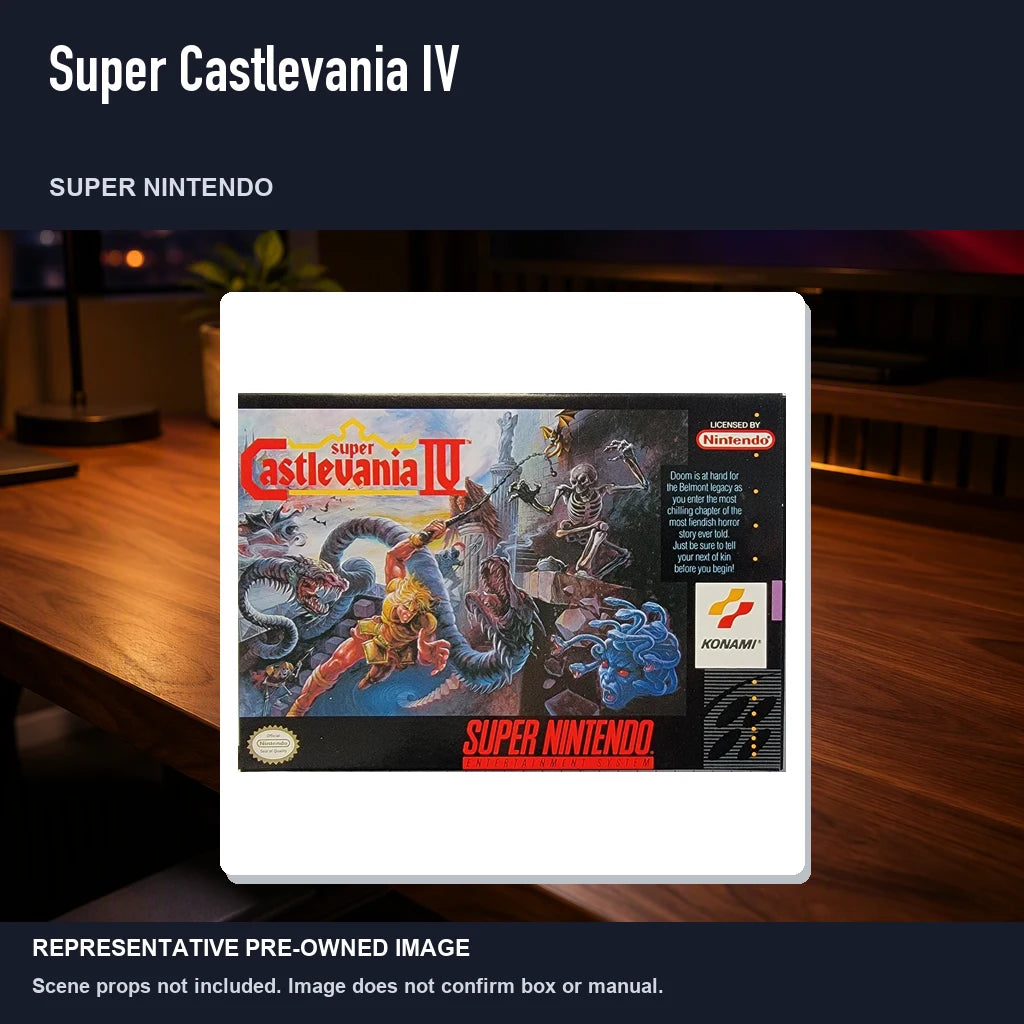 Representative pre-owned Super Castlevania IV (Super Nintendo), product image in a styled desk scene.