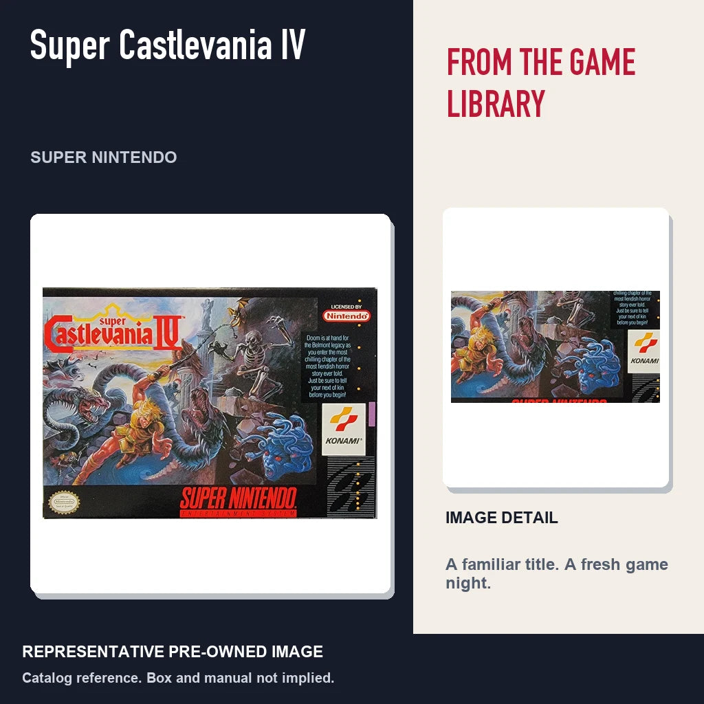 Representative pre-owned Super Castlevania IV (Super Nintendo), editorial image and detail.
