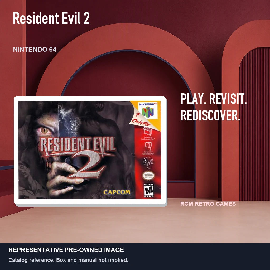 Representative pre-owned Resident Evil 2 (Nintendo 64), red retro product layout.