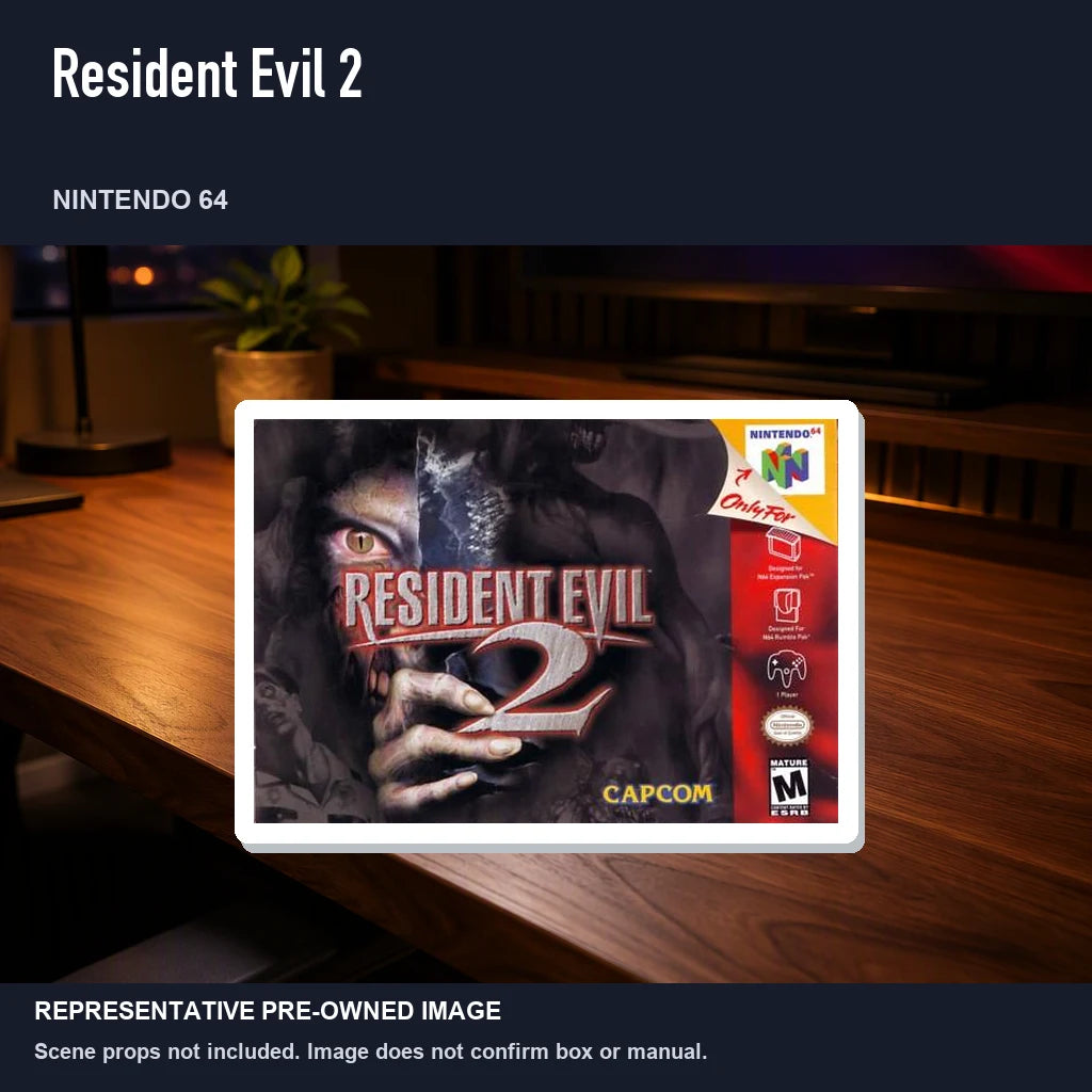 Representative pre-owned Resident Evil 2 (Nintendo 64), product image in a styled desk scene.