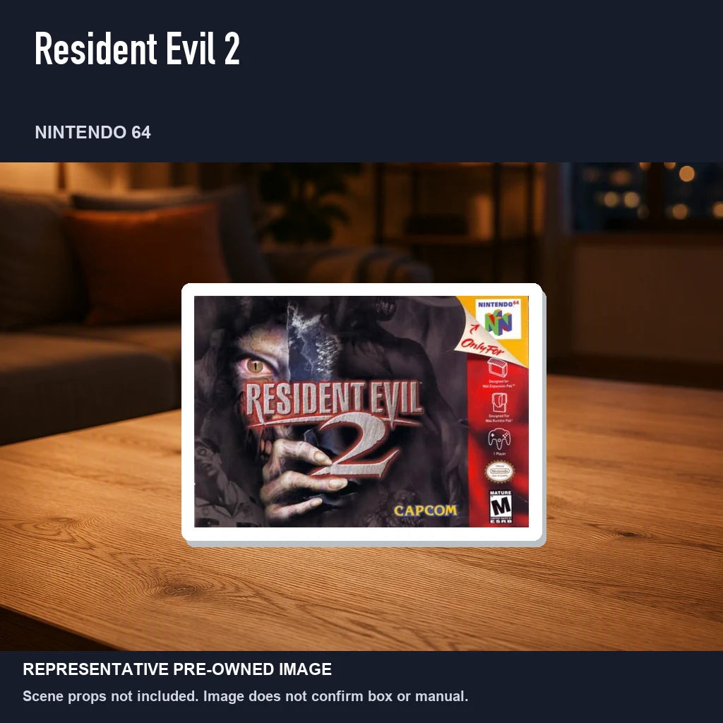 Representative pre-owned Resident Evil 2 (Nintendo 64), product image in a styled room scene.