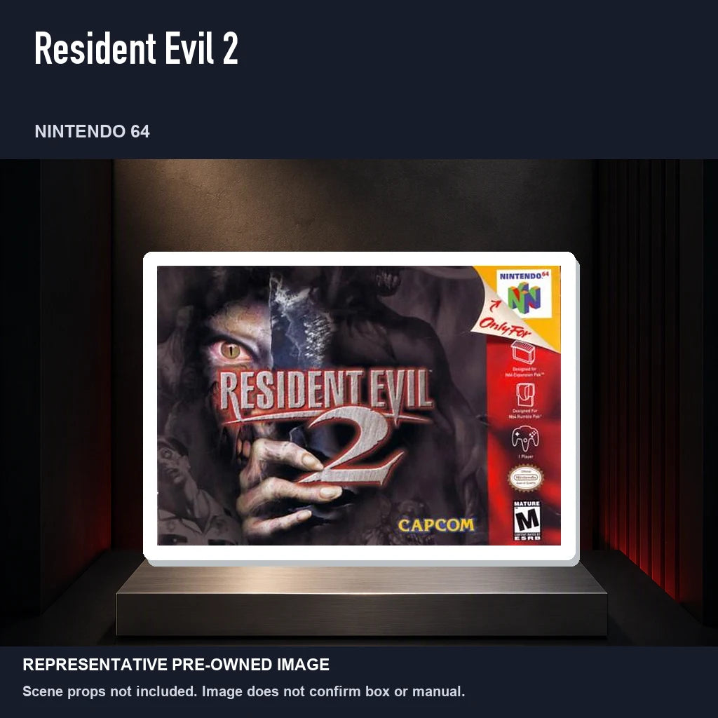 Representative pre-owned Resident Evil 2 (Nintendo 64), product image on a display panel.