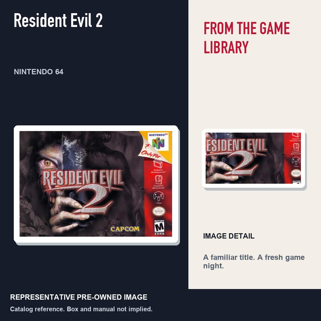 Representative pre-owned Resident Evil 2 (Nintendo 64), editorial image and detail.
