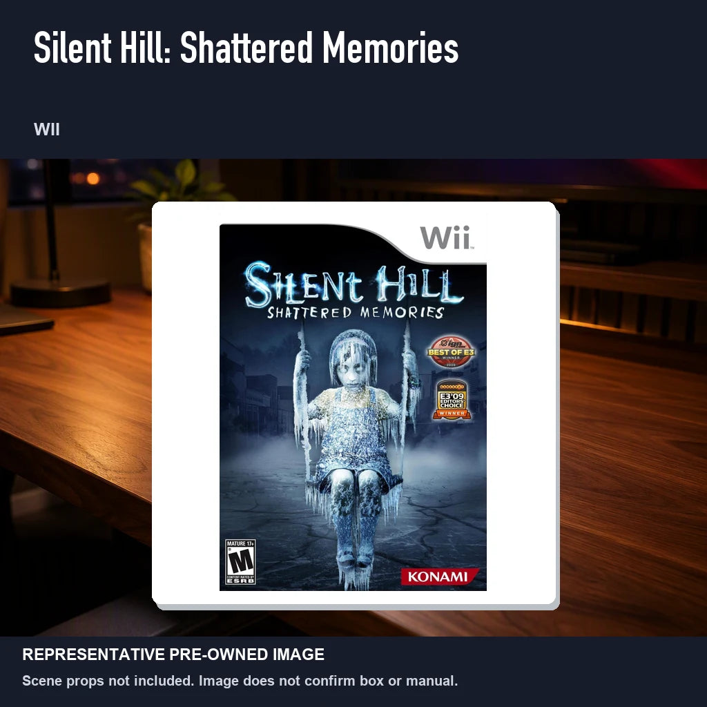 Representative pre-owned Silent Hill: Shattered Memories (Wii), product image in a styled desk scene.