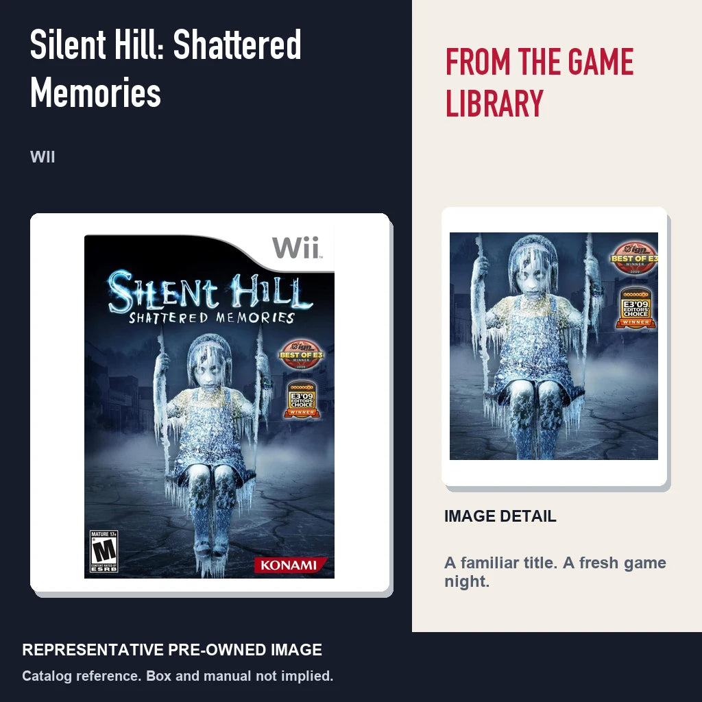 Representative pre-owned Silent Hill: Shattered Memories (Wii), editorial image and detail.