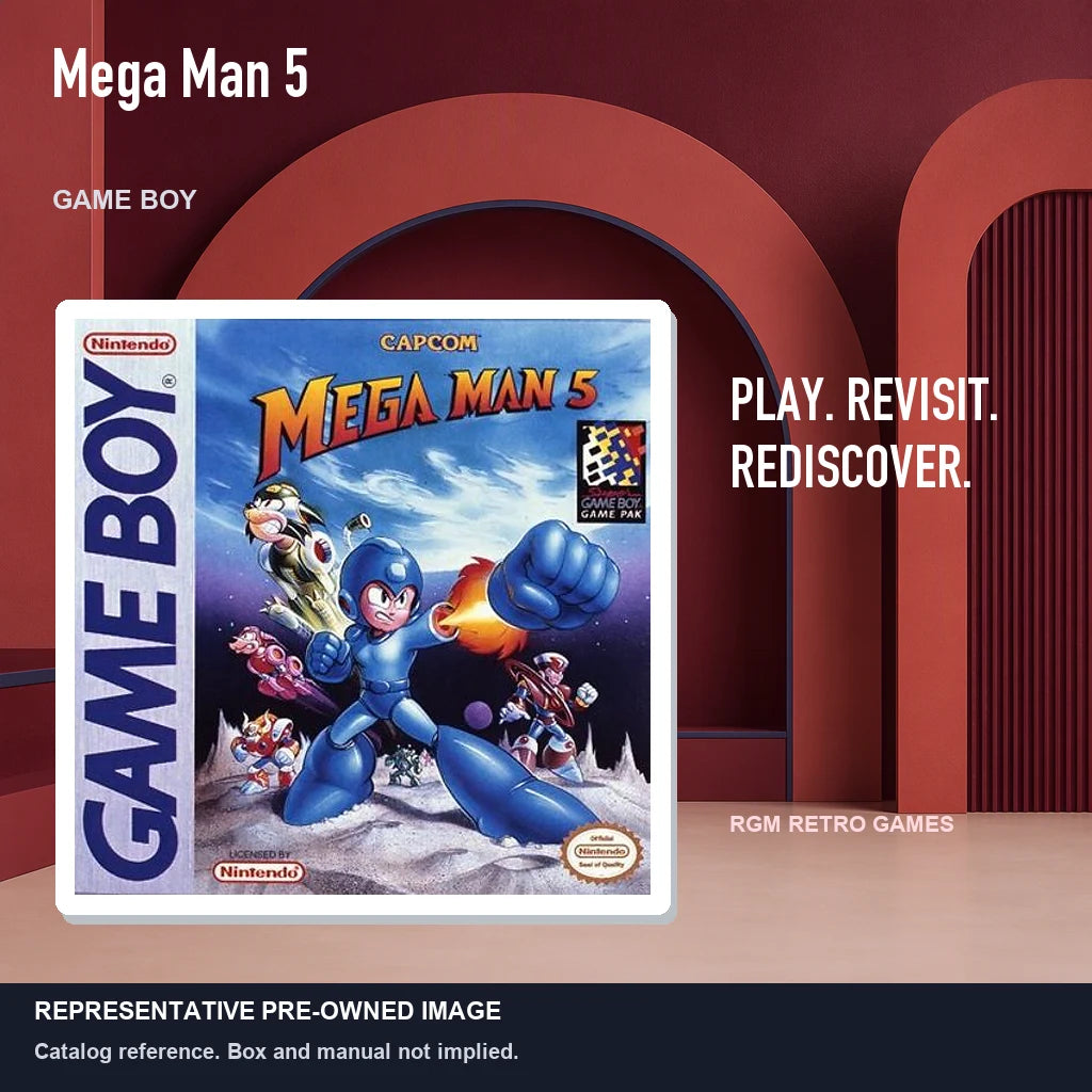 Representative pre-owned Mega Man 5 (Game Boy), red retro product layout.