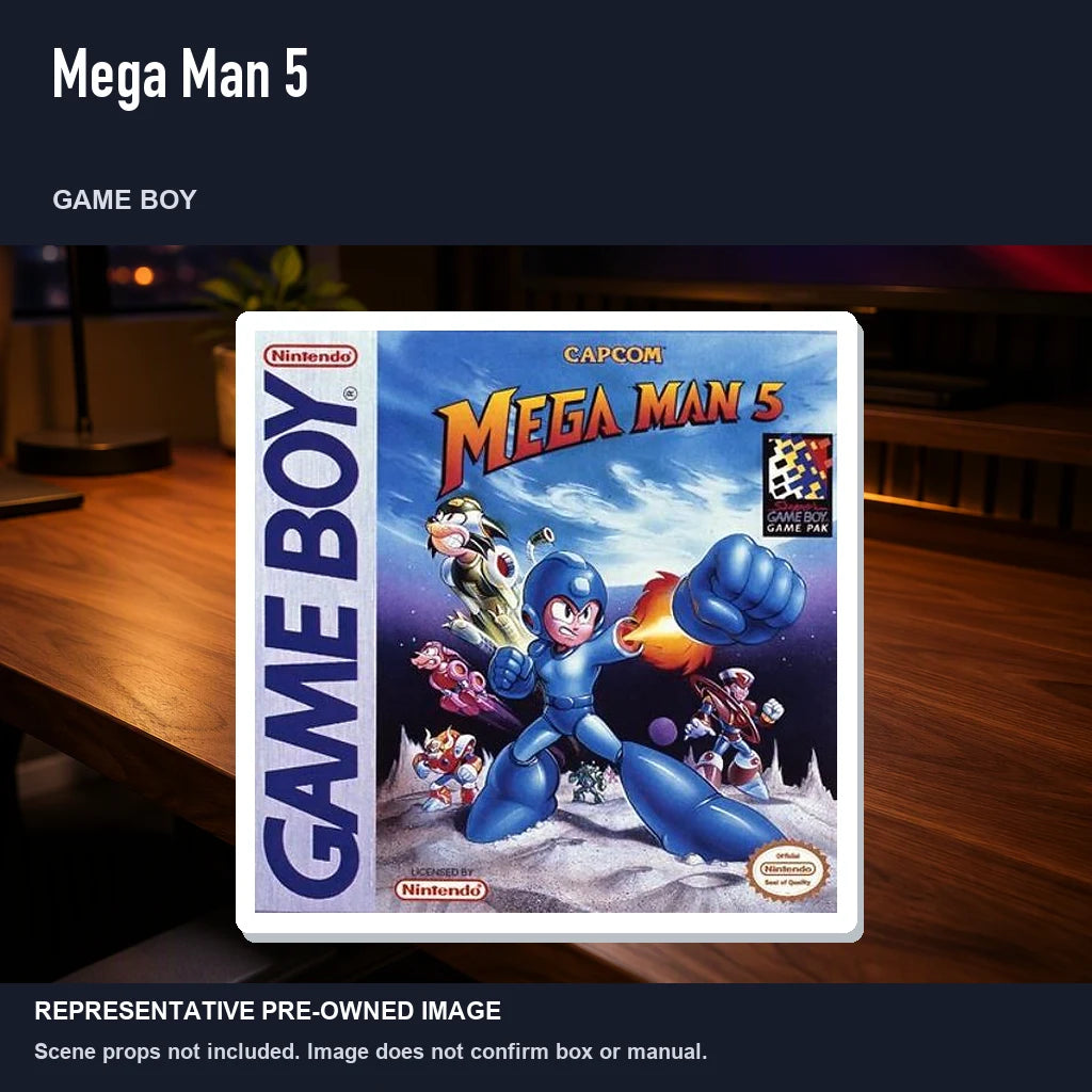 Representative pre-owned Mega Man 5 (Game Boy), product image in a styled desk scene.