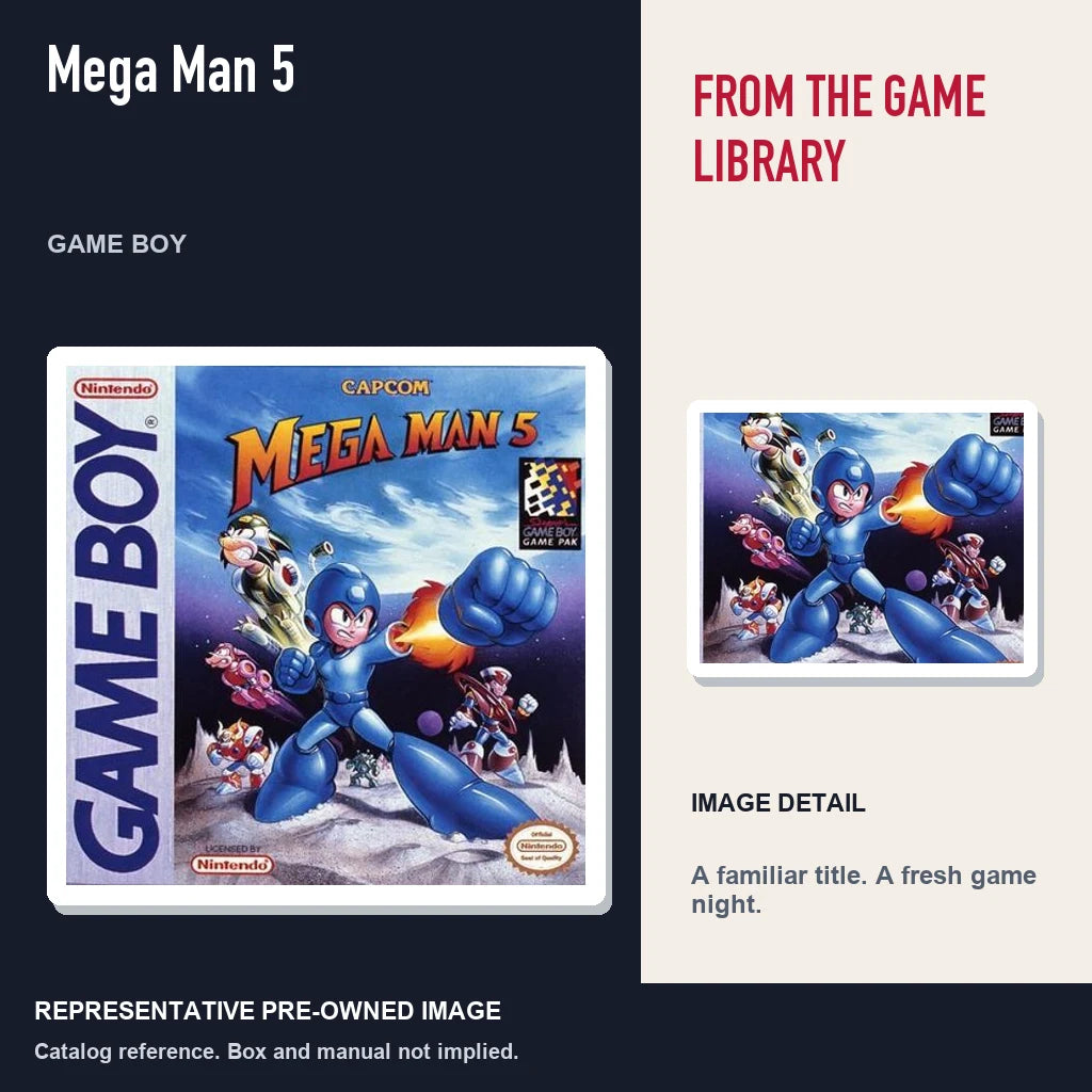 Representative pre-owned Mega Man 5 (Game Boy), editorial image and detail.