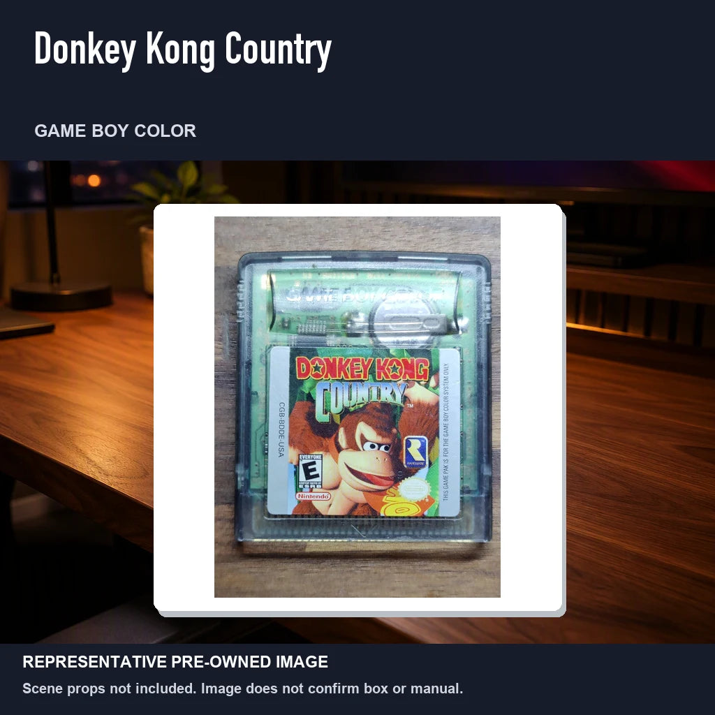 Representative pre-owned Donkey Kong Country (Game Boy Color), product image in a styled desk scene.
