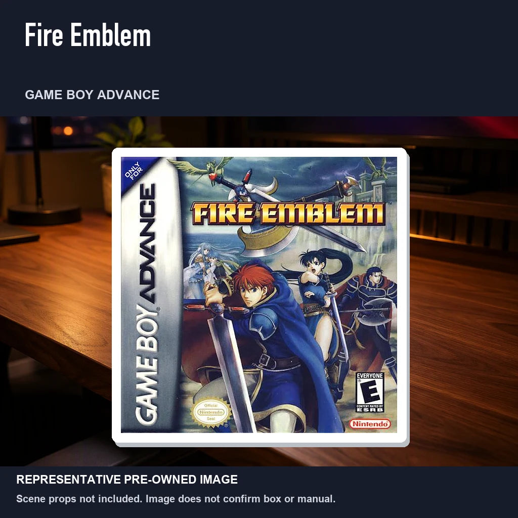 Representative pre-owned Fire Emblem (Game Boy Advance), product image in a styled desk scene.